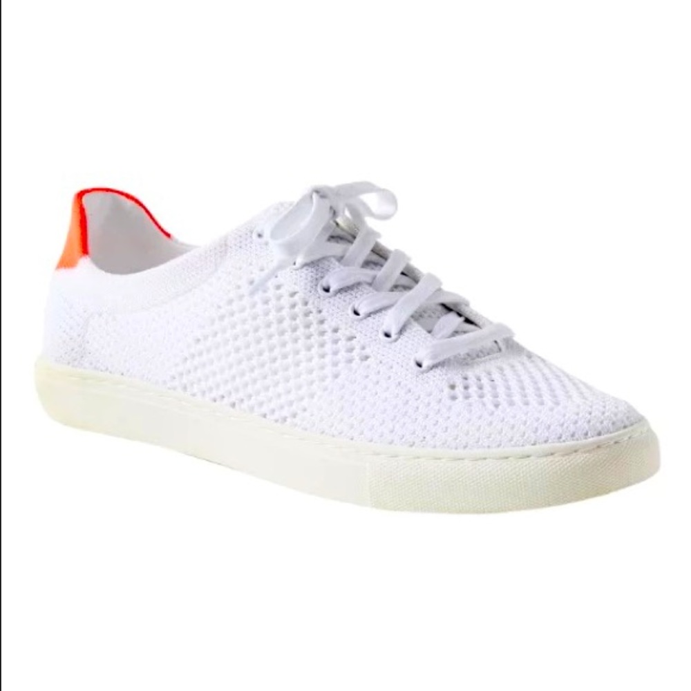 Banana Republic white sneakers with neon orange on the back.